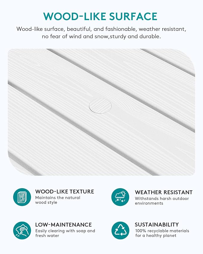 SERWALL Outdoor Coffee Table with 9FT Umbrella, HDPE Patio Coffee Table for Outside, Rectangle, White(Not Include Umbrella Base) - Image 4
