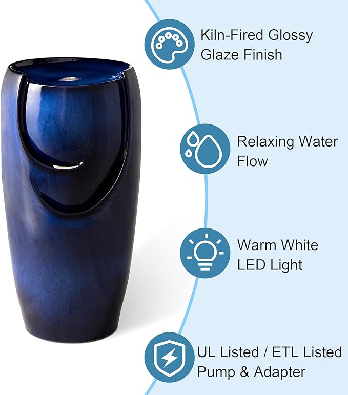 Glitzhome Outdoor Water Fountain with LED Light, Oversized Ceramic Vase Water Fountains Outdoor, Tall Water Feature Backyard Fountain for Garden Patio, Cobalt Blue, 29.3”H