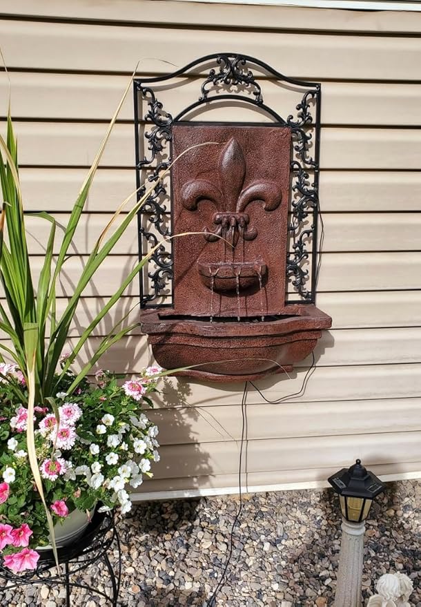 Sunnydaze 33" Outdoor Wall Water Fountain with Pump and Panel - Iron - French Lily - Solar-Powered