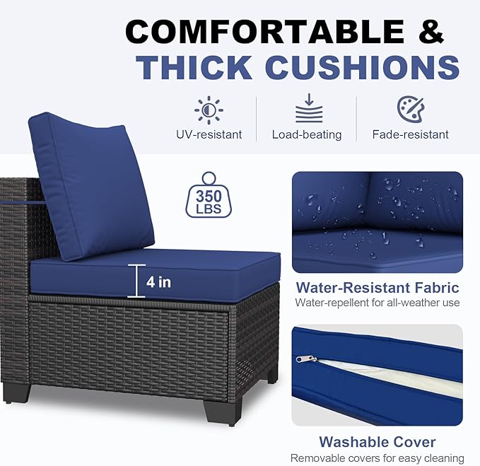 7 Pieces Patio Furniture Set, Outdoor Sectional Rattan Sofa Set, Wicker Patio Conversation Set with Cushions and Glass Coffee Table, for Balcony, Porch, Garden, (Brown/Blue)