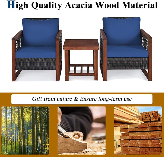 Tangkula 3 Pieces Patio Wicker Furniture Set, Rattan Outdoor Sofa Set w/Washable Cushion & Acacia Wood Coffee Table, Conversation Bistro Set for Garden Balcony Backyard (Blue)