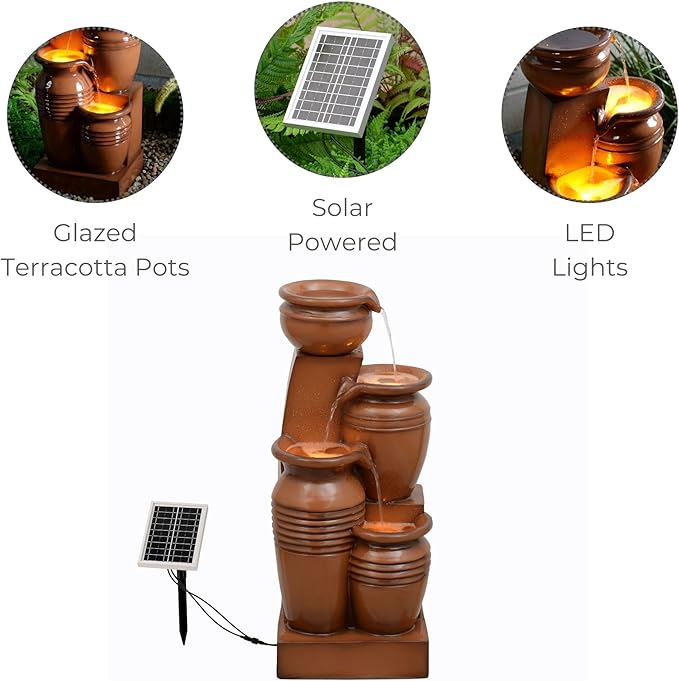 Teamson Home 28.7" 4-Tier Cascading Bowl Solar Powered Water Fountain for Outdoor Living Spaces, Terracotta