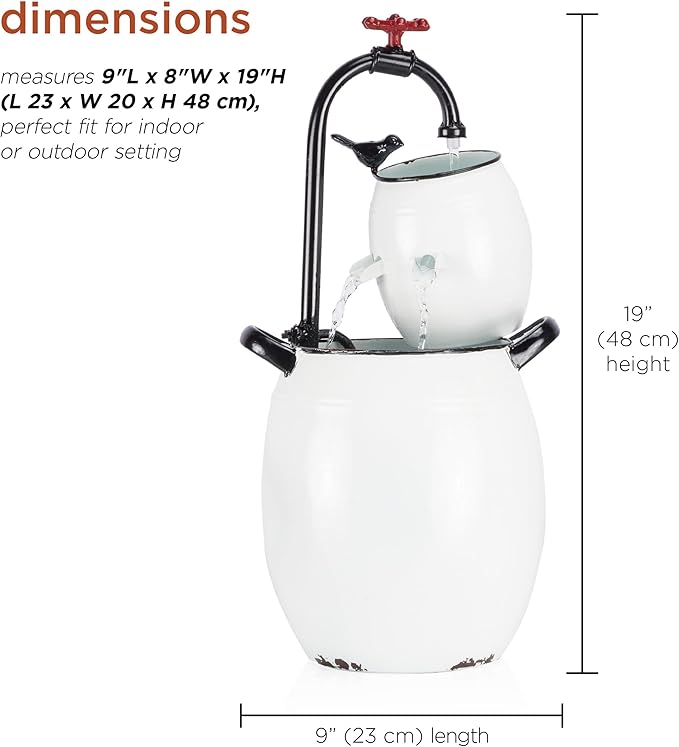 Alpine Corporation YHL428 Outdoor Tabletop Barrels and Faucet Water Fountain, Antique Tabletop Décor Fountain 19", White