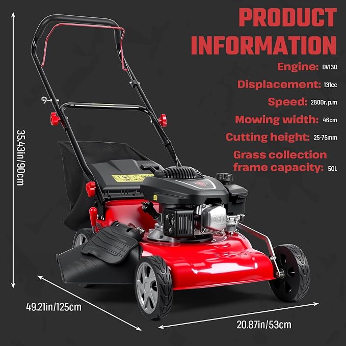 3 in 1 Gas Lawn Mower 131cc 2850RPM - Self Propelled Walk-Behind Push Mower & Gasoline Push Mowers Dual Option, with 50l Grass Bag Big Wheels, Gas Mowers for All Season Lawn Maintenance Red - Image 6
