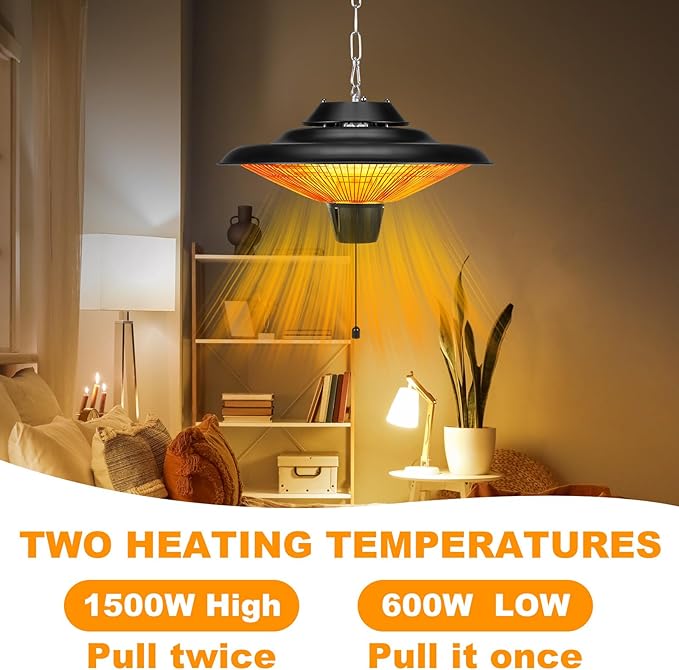 Outdoor Hanging Patio Heater 1500W Electric Hanging Ceiling Mounted Infrared Heater with Storage bag 3s Fast Heating, Quiet, Adjustable Chain, for Home Garage Balcony Studio