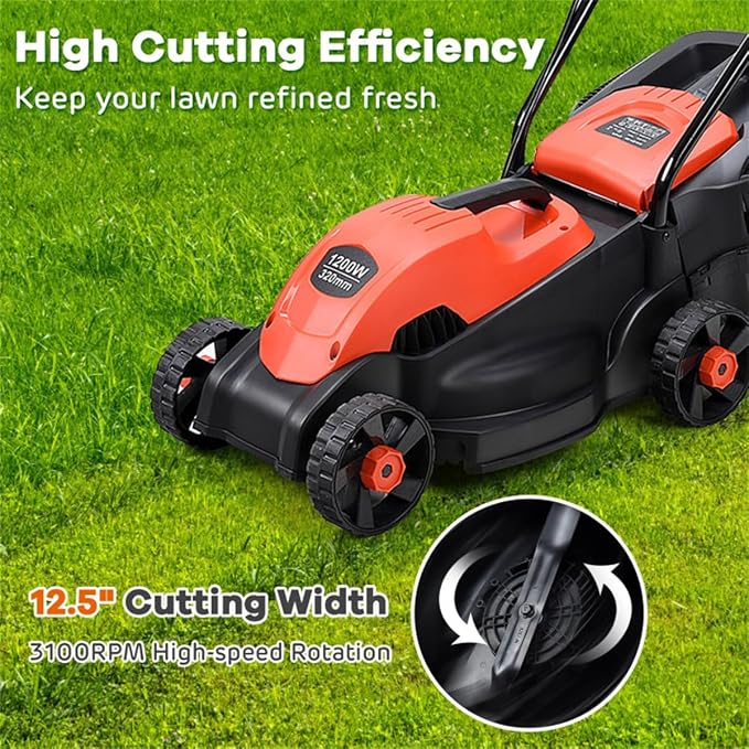 13-Inch Electric Lawn Mower 8 Gal Grass Collection Box 3 Adjustable Cutting Heights Lightweight 15.5LBS Push Mower for Garden (Red) - Image 4