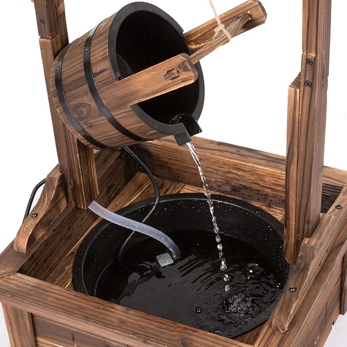 Wishing Well Wood Outdoor Patio Water Fountain with Pump