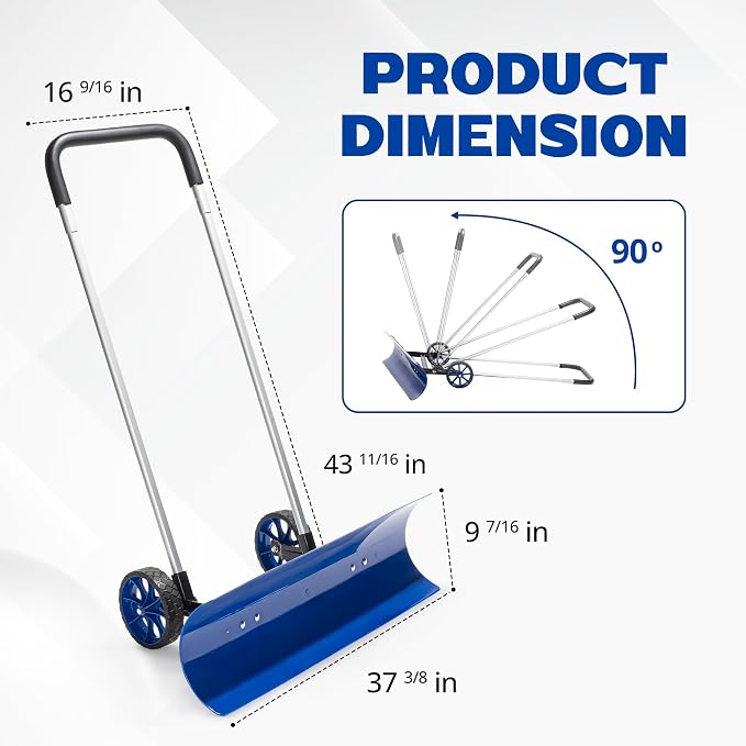 Idzo Efficient Snow Pusher, Snow Plow Shovel with 37-Inch Reversible and Bi-Directional Angled Blade, Snow Shovel with Wheels & Convenient 90 Degree Handle for Driveways, Sidewalks, Ice Hockey Rinks - Image 4
