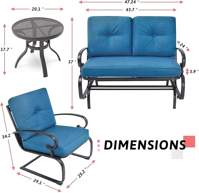 SOLAURA 4-Piece Outdoor Furniture Patio Conversation Sets Swing Glider Loveseat and Spring Lounge Chairs with Side Table for Garden, Deck, Balcony, Poolside, Lawns (Peacock Blue)