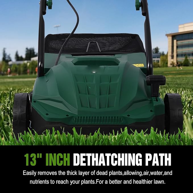 13" Electric Dethatcher and Scarifier 12 Amp Lawn Dethatcher with 31.7QT Collection Bag 2-in-1 Thatcher for Lawn Turf Vacuum for Artificial Grass Green - Image 3