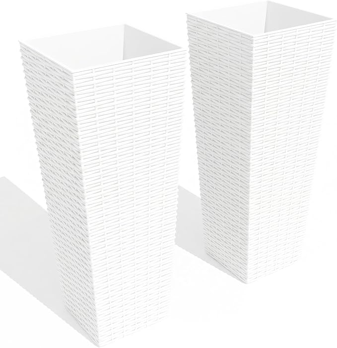 2 Pack Large Planters for Indoor Plants, Outdoor 32 inch Tall Tree Planter with Drainage Holes, Plant Pots for Trees Flowers, All-Weather Use with Removable Insert Bucket for Porch, Patio, White