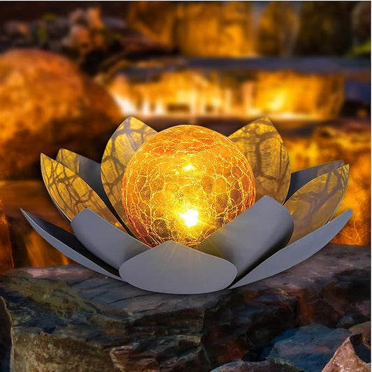 Huaxu Solar Lights Outdoor Garden Decor, Amber Crackle Globe Glass Lotus Decoration,Waterproof Gray Metal Flower Light for Patio,Lawn,Walkway,Tabletop,Ground