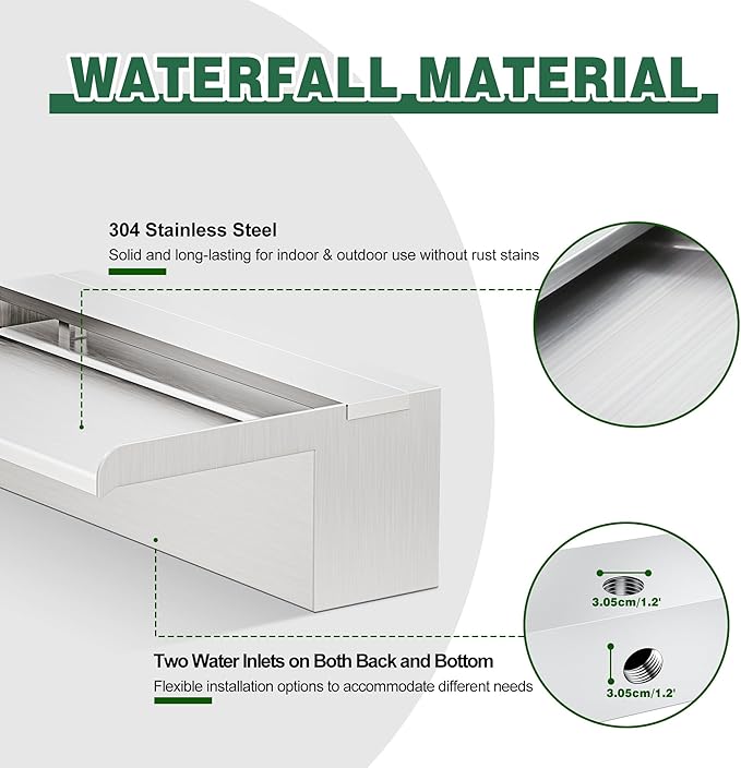 Waterfall Pool Fountain, LONGRUNNEW Stainless Steel Waterfall Spillway with Pipe Connector Kits for Outdoor/Indoor Decorative, 23.6 Inches Pool Water Feature for Garden Patio, Backyard Koi Pond Decor