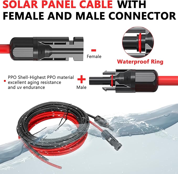 Vansdon 2x30 Feet Solar Panel Extension Cable- 10AWG Solar Cable Solar Panel Cable with Female and Male Waterproof Connectors for RV, Photovoltaic Systems - Image 4