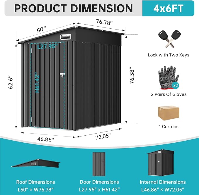 4x6 Lean to Yard Storage Shed, Outdoor Lean to Storage Sheds, Metal Wall Side Bike Shed with Lockable Door for Garden, Backyard, Patio, Lawn (Black, 4x6FT) - Image 2