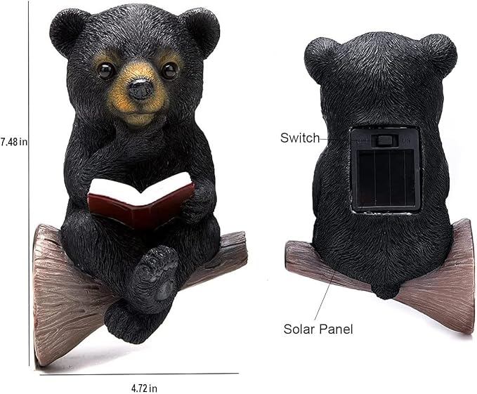 Sitting Bear Tree Hugger with Solar LED Light, Cute Bear Reading Book Garden Statue, Resin Animal Figurine Outdoor Decor, Yard Art Sculpture for Lawn, Yard, Patio, Porch Ornaments