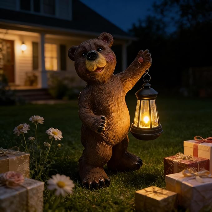 Solar Lantern Garden Statues Decor, 14" Large Outdoor Bear Figurine Lights for Yard Patio Decoration - Unique Christmas Housewarming Gift for Grandma Wowen Mom