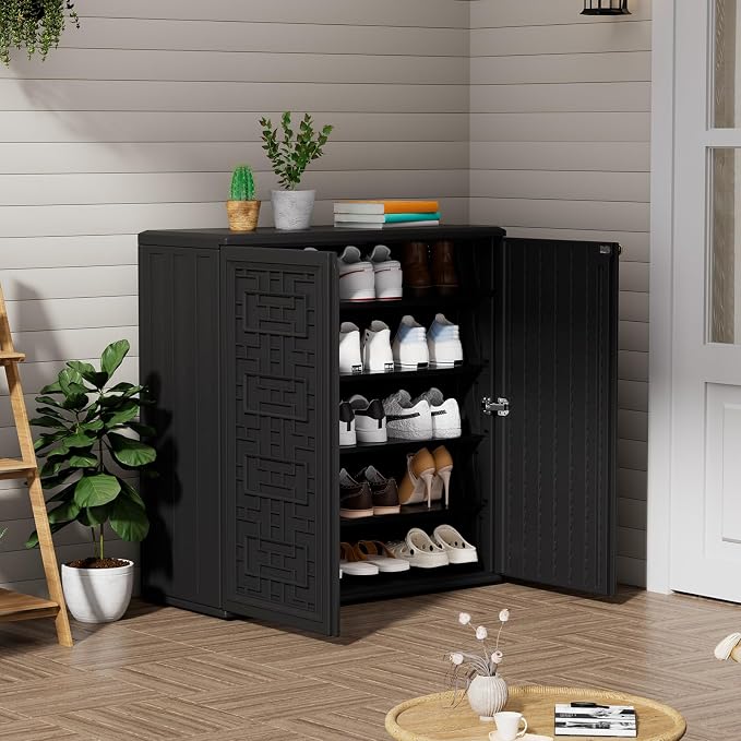 ZZM HDPE Outdoor Storage Shed, Outdoor Plastic Storage Cabinet, Horizontal Resin Tool Shed for Garden, All Weather Outdoor Storage Clearance, DIY Usage, with one Shelf (Black) - Image 6