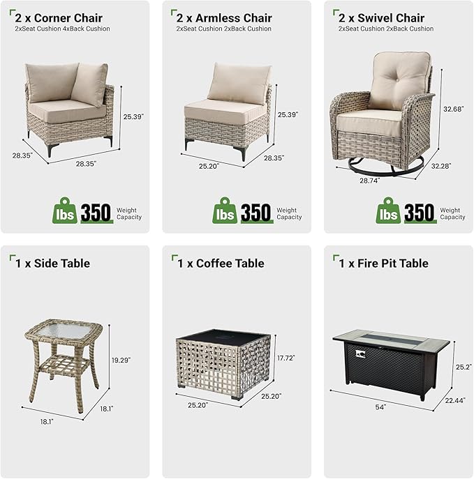 9 Pcs Patio Furniture with Fire Pit Table, Outdoor Rattan Wicker Conversation Set with Glowing Coffee Table, Comfy Sectional Sofa for Porch Balcony Backyard Pool, Beige