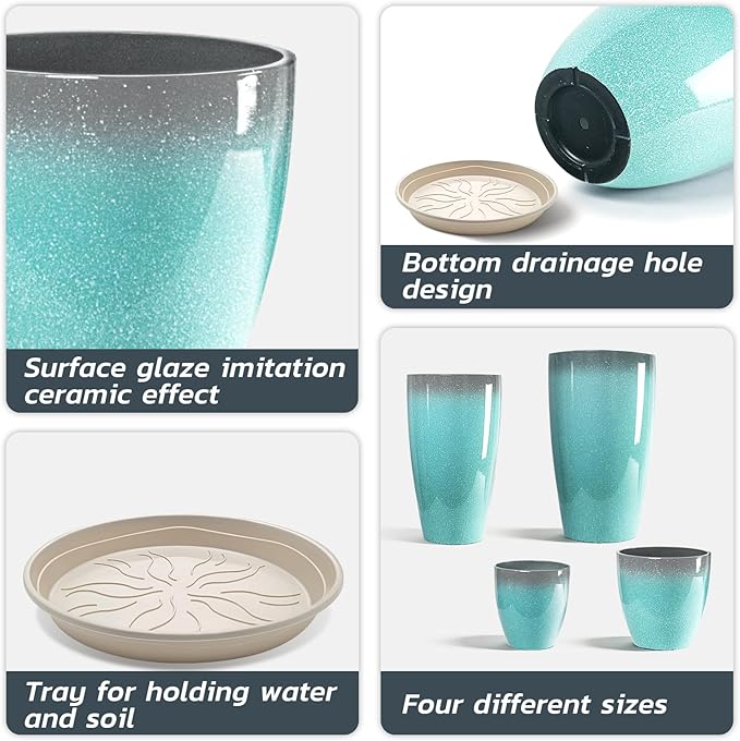 ZMTECH 24/21/12/10" H Large Plastic Planters with Drainage Hole and Saucer -Set of 4 Tall Lightweight Flower Pot for Front Porch Patio Deck,Sky Blue with White Spots