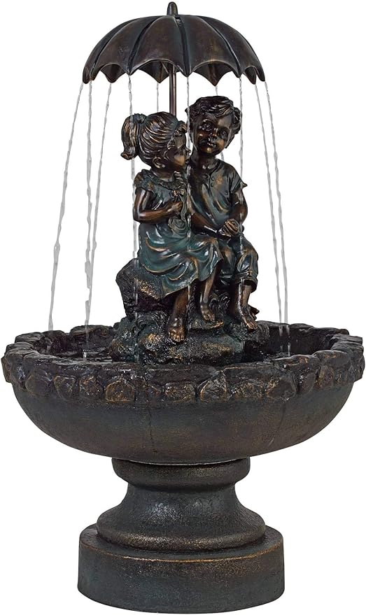 Boy and Girl Under Umbrella 40" High Large Rustic Indoor Outdoor Cottage Core Decor Bronze Floor Fountain Standing Waterfall Basin Water Feature for Outside Garden Patio Yard - John Timberland