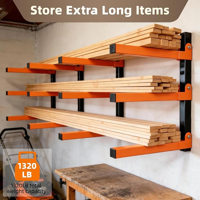 Wall Mounted Lumber Storage Rack and Wood Organizer, Heavy Duty Steel Shelf Brackets for Garages Workshops & Outdoor Sheds, Space Saving Metal Wall Rack - Image 7