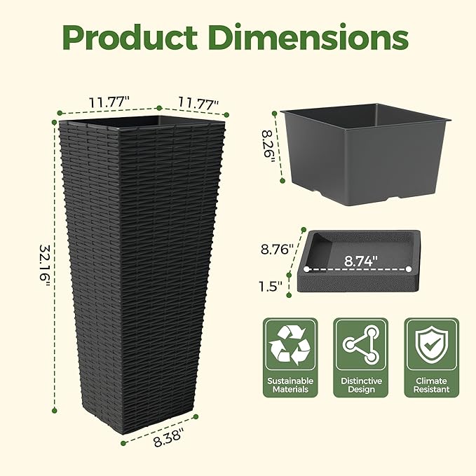 2 Pack Large Planters for Indoor Plants, Outdoor 32 inch Tall Planter with Removable Liners, Plant Pots for Trees Flowers, All-Weather Use with Drainage Holes & Saucers for Porch, Patio, Black