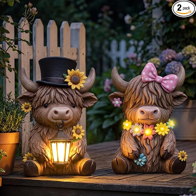 Retisee 2 Pcs Solar Highland Cow Garden Statues Resin Garden Highland Cow Statues with Flower LED Lights Outdoor Funny Solar Light Figurines Decoration for Yard Patio Lawn Gifts for Grandma Mom Women