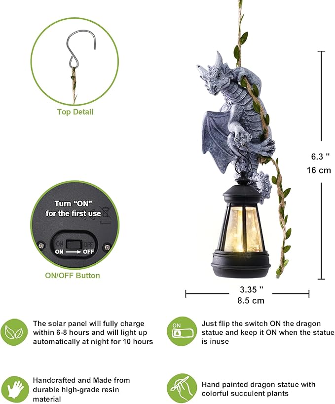 Nacome Dragon Outdoor Statues for Garden: Outside Hanging Climbing Sculptures with Lantern Decor for Yard Art Porch Balcony - Birthday Gifts for Grandma Mom Women