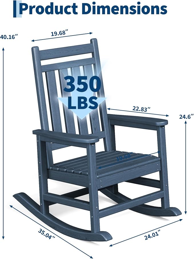 Garvee HDPE Rocking Chair Outdoor Set of 6 - Poly High Back Porch Rocker Chairs for Adults - All Weather Resistant Furniture for Patio Front Porch - Navy Blue - Image 2
