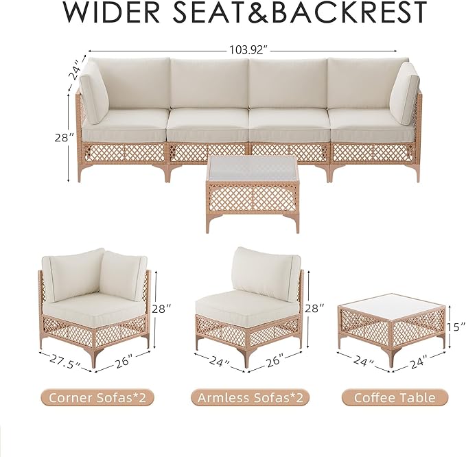 Vikiullf Patio Conversation Set, 5 Piece Outdoor Sectional Sofa Set with Coffee Table, Wicker Bistro Set with Thick Cushions, for Garden, Backyard, Poolside (Beige)