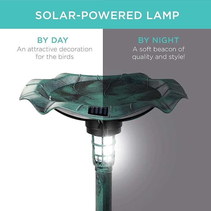 Best Choice Products Outdoor Solar Lighted Pedestal Bird Bath Fountain Decoration w/Planter, Integrated Panel, Scroll Accents for Lawn, Garden - Green