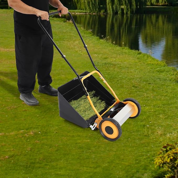 14" Push Reel Lawn Mower,4 Blades Cordless Manual Reel Lawn Mower, 0.47-1.65 Inch Adjustable Cutting Height, Manual Push Mower with Grass Catcher Bag - Image 4