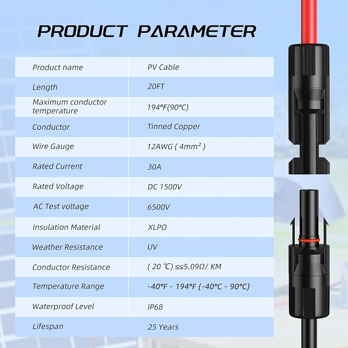 20FT 12AWG Solar Panel Extension Cable, Bateria Power 4mm² Solar Extension Cable Wire with Female & Male Waterproof Connectors for RV, Photovoltaic Systems, Set of 2 - Image 8