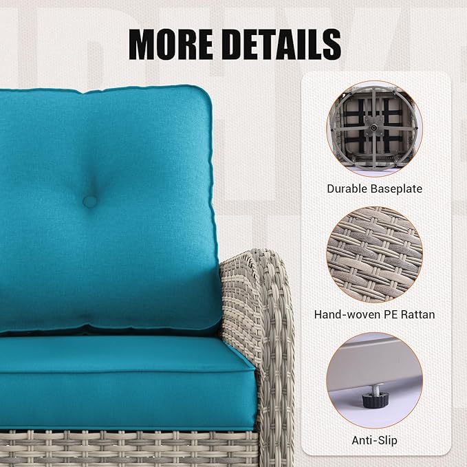 16-Piece Outdoor Patio Furniture Set with Rocking Swivel Chair, PE Wicker Rattan Sectional Sofa Patio Conversation Set with 55,000 BTU Fire Pit Table & Coffee Table, Turquoise