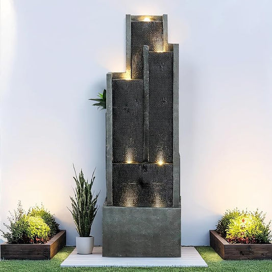 SunJet 5-Tier Modern Water Fountain, Indoor/Outdoor Resin Water Fountains with Soothing Water Sounds & Warm LED Light, Perfect for Garden, Patio, Home & Office, 16.9" L x 9.8" W x 50.7" H