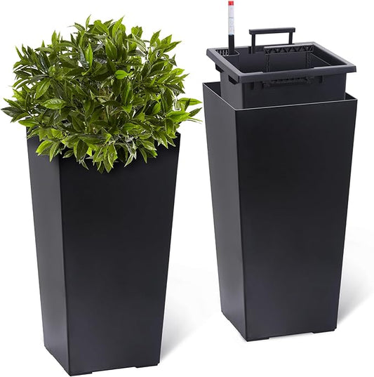 GAOMON 23" Tall Planters Set of 2, Outdoor＆Indoor Black Planter Pots, High Front Porch Planter Pots with Drainage Holes＆Water Level Monitor＆Inner Bucket, Automatic Watering, Convenience Instill