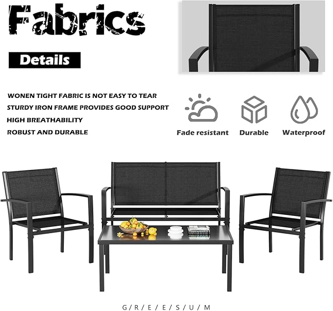 Greesum 4 Pieces Patio Furniture Set, Outdoor Conversation Sets for Patio, Lawn, Garden, Poolside with A Glass Coffee Table, Black
