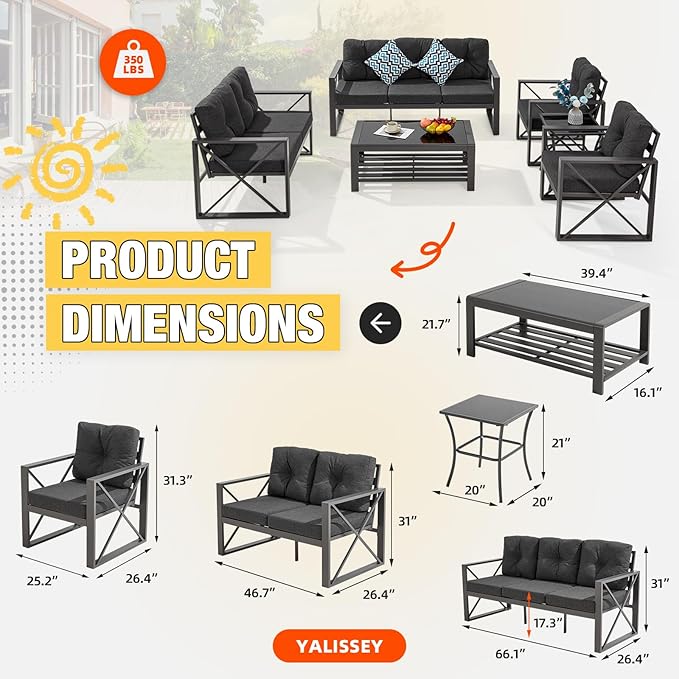 6 Pieces Outdoor Patio Furniture Set, Metal Porch Furniture Set, Outdoor Sectional Conversation Set w/Coffee Table & Side Table for for Poolside, Balcony, Yard, Gray