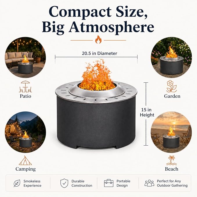 Afterglow Smokeless Fire Pit, 20.5" Round Wood Burning Stainless Steel Top & TerraFab Base, Firepit with Weather Cover Perfect for Outdoor Patio Garden, Dark Grey - Image 5