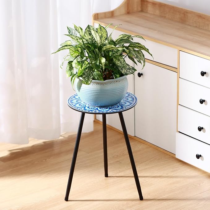 1 Pack Metal Mosaic Round Side Tables 13.4" Small Outdoor Patio Round Accent Coffee Tables Indoor Corner Stand for Small Spaces Weather-Resistant for Balcony, Porch Plant Stands Indoor, Light Blue - Image 8