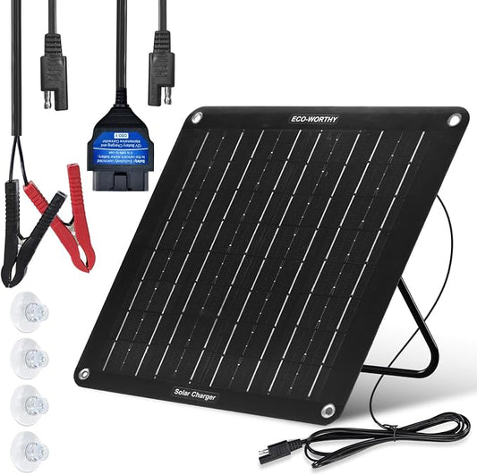 ECO-WORTHY Upgraded OBDII 10W Solar Battery Trickle Charger Maintainer-12V Waterproof Solar Panel Trickle Charger Kit with Portable Stand for Car Truck Boat Mower RV Trailer ATV Marine Battery by ECO-WORTHY