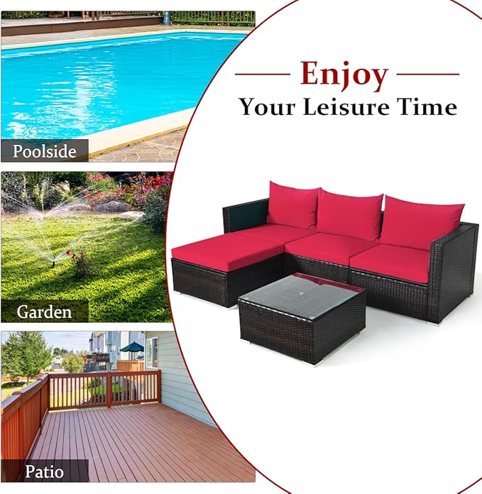 Tangkula 5 Piece Outdoor Patio Furniture Set, Sturdy Frame and Weight Capacity Up to 360 Pounds, Wicker Sectional Sofa Set with Glass Top Coffee Table, Porch Garden Poolside Furniture for 4 (Red)