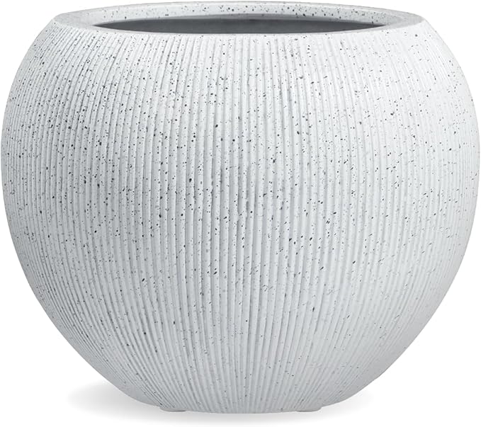 12.8"H x 16"D Premium Ribbed Globo Fiberstone Round Planter with Drainage Hole, Weather Resistant for Indoor and Outdoor Use, Included 2 Extra Coco Mats (Speckled White, 10.7" Pot Opening)
