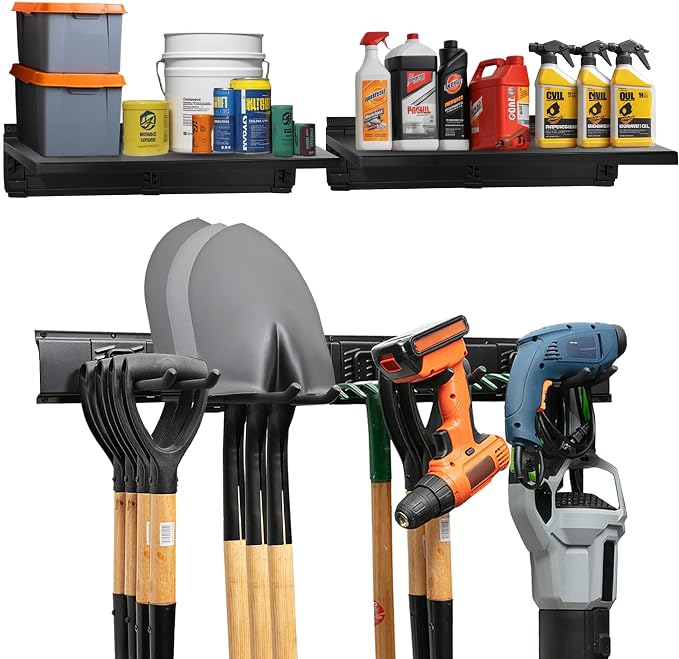 Heavy-Duty Garage Wall Storage System | Wall Mounted Tool Organizer Rack with Shelving | 10-Piece Mounting Kit | Includes 4x8.5” Adjustable Hooks & 2x16.5” Floating Utility Shelves by Tidyme