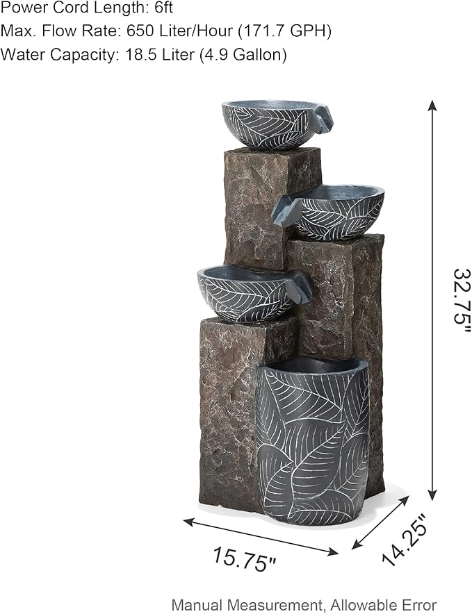 Glitzhome 32.75" H Outdoor Garden Water Fountain with LED Lights and Pump, Natural Leaf Textured 4-Tier Resin Cascading Floor-Standing Fountain for Porch Deck Patio Backyard Decoration
