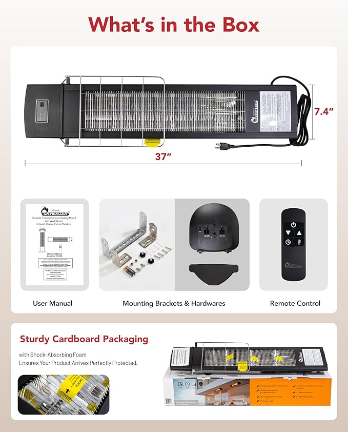 DR. INFRARED HEATER Portable Infrared Indoor and Outdoor Space Heater for Patio, Garage, Commercial & Residential With Remote Control, Space Heater (Freestanding/Ceiling/Mounting), Black