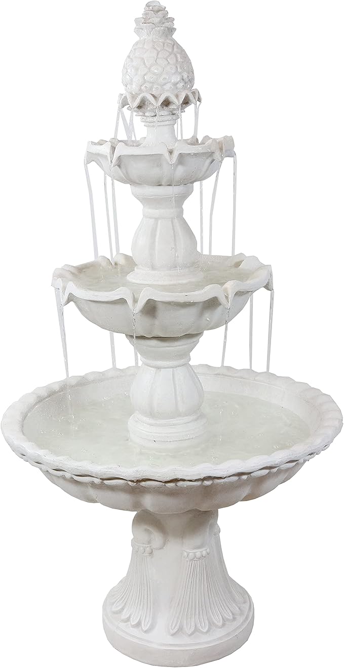 Sunnydaze 57" H Welcome 3-Tier Water Fountain - Large Electric Water Fountain with Pineapple Topper for Garden, Patio or Yard - White