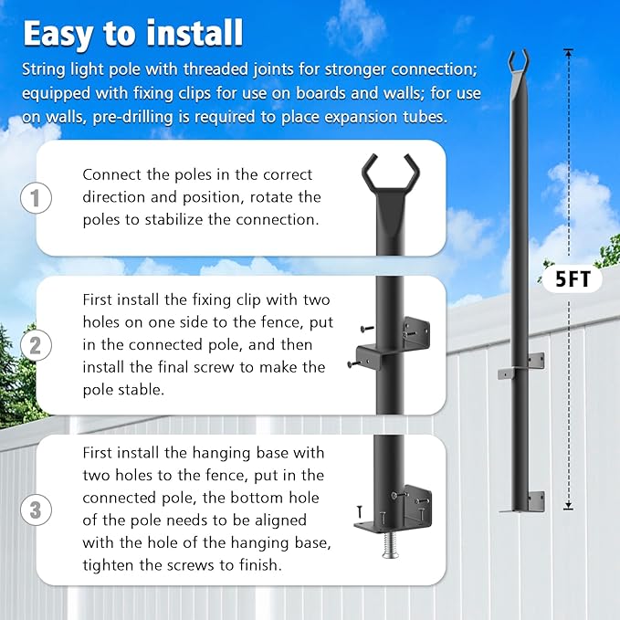 AILBTON 4.8Ft String Light Poles 2 Pack,Light Poles for Outside Lights,Outdoor with Fence Brackets Hanging Lights,Metal Stand Deck Patio Backyard