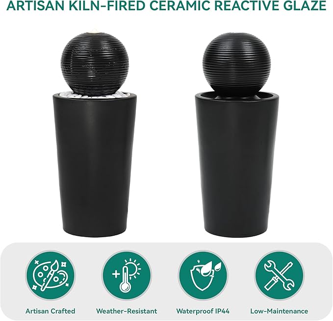 30" H Ceramic Sphere Water Fountain with LED Light, Modern Minimalist Design, Black Glaze with White Pebbles, Soothing Trickling Water Feature, Adding Artistic Charm & Tranquil Ambiance